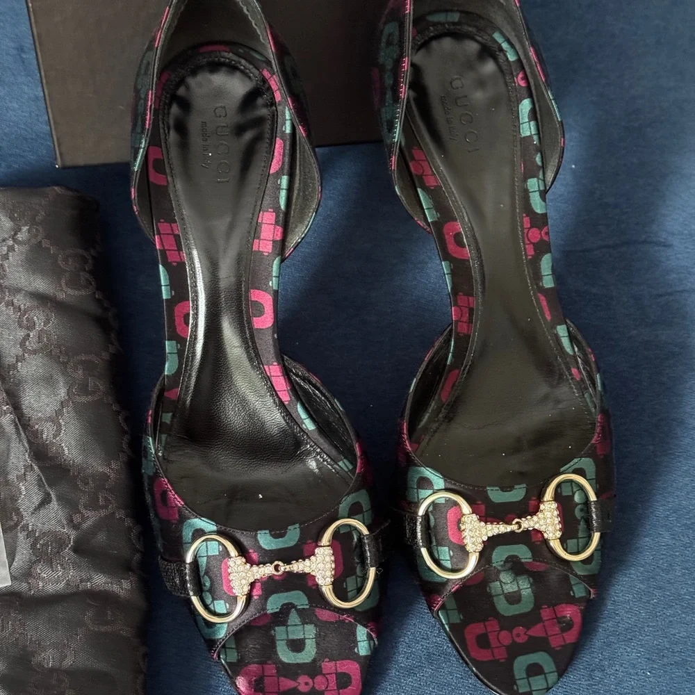 Gucci Stiletto Womens Size 9 1/2B Black Heel Horsebit‎ Peep Toe Pumps Sandal